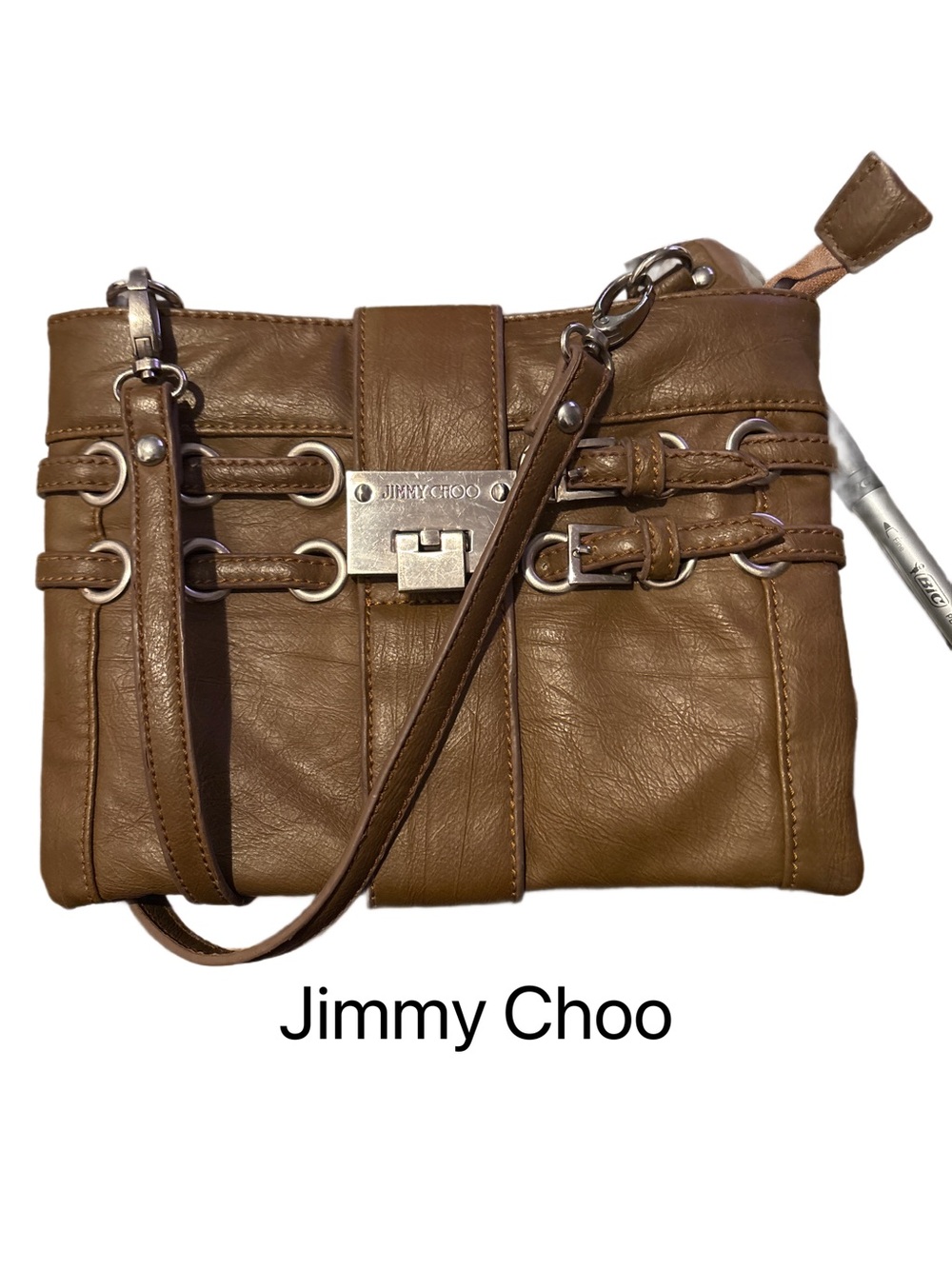 Jimmy Choo Tan Brown Leather Shoulder Bag with Silver Hardware